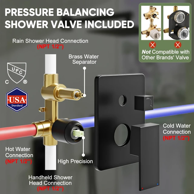 Alt view image 7 of 7 - Kurpot Black Shower System, Wall Mounted Shower Faucet Set with Valve, 10-Inch Rainfall Shower Head with Handheld Combo Spray, 59'' Long Shower Hose and Shower Trim Kit, Matte Black