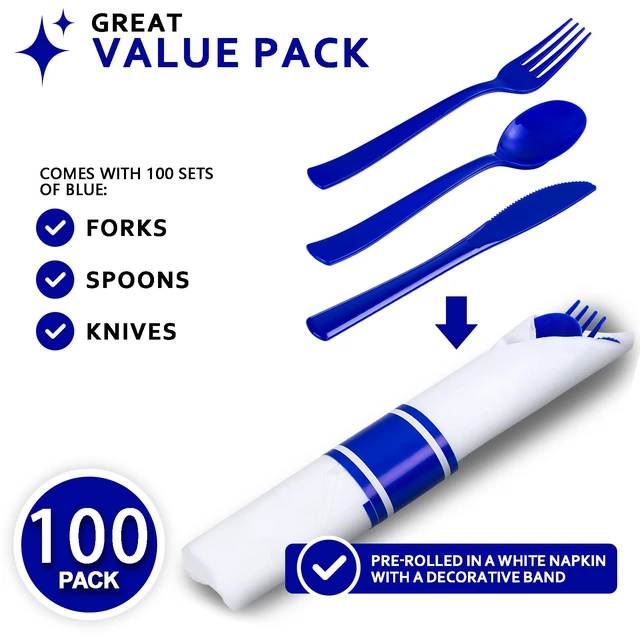 Alt view image 2 of 7 - 400PCS Pre Rolled Blue Plastic Silverware Set Heavy Duty for Wedding