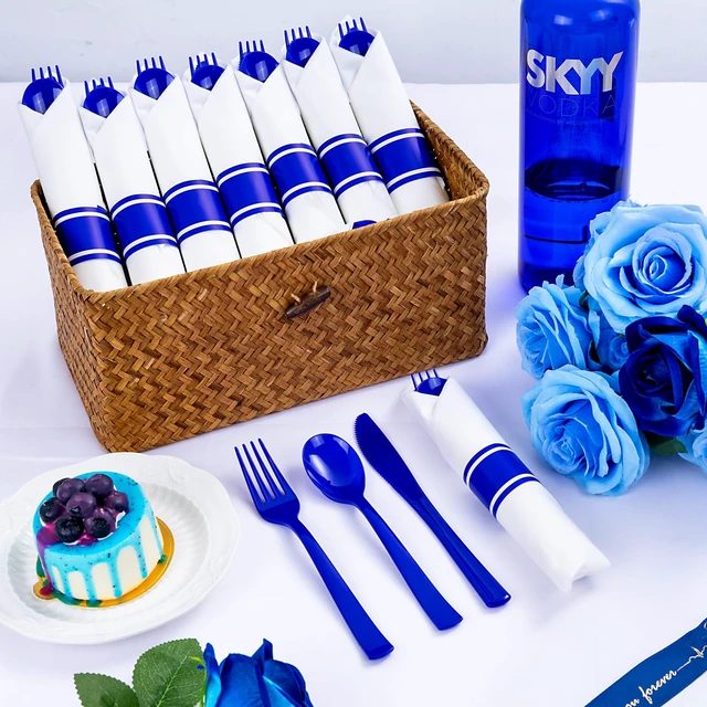 Alt view image 3 of 7 - 400PCS Pre Rolled Blue Plastic Silverware Set Heavy Duty for Wedding
