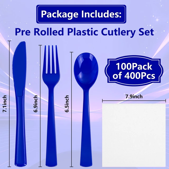 Alt view image 5 of 7 - 400PCS Pre Rolled Blue Plastic Silverware Set Heavy Duty for Wedding