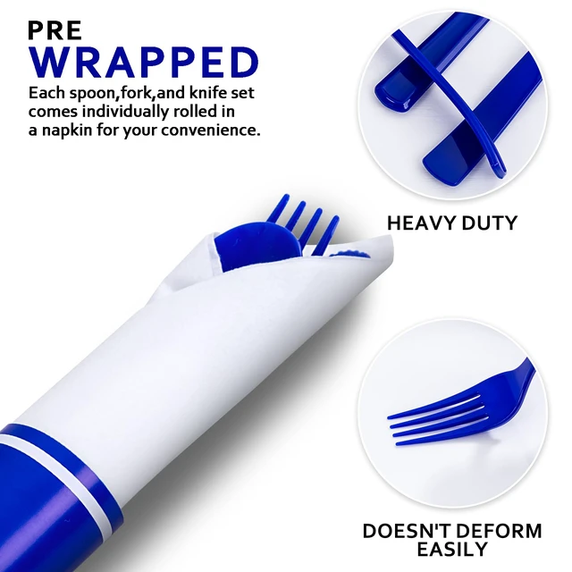 Alt view image 6 of 7 - 400PCS Pre Rolled Blue Plastic Silverware Set Heavy Duty for Wedding
