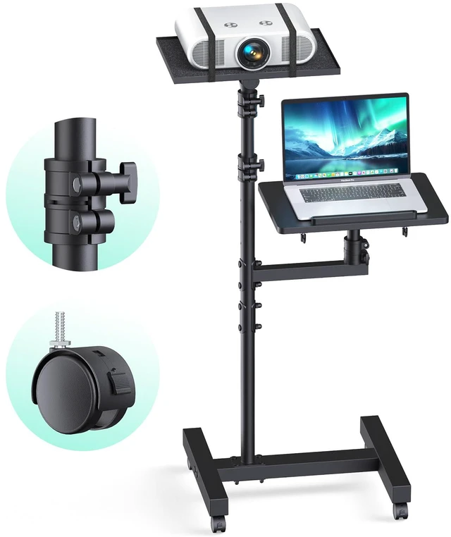 Main image of Projector Stand Tripod: 2 Shelves Mobile Laptop Cart Adjustable Height 45 to 64 Inches, Rolling Laptop Stand Cart with Ventilated Tray, Projector Tripod Stand on Wheels for Couch, Bedside, Meeting