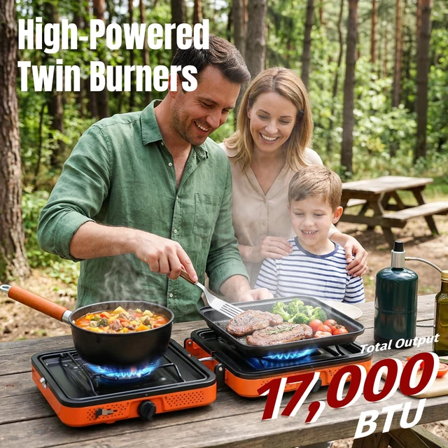 Alt view image 3 of 7 - Burner Camping Stove, 17000 BTU Portable Propane Camp Stove
Foldable Gas Stove with Carrying Bag, Camping Essentials for Outdoor Cooking & Emergencies