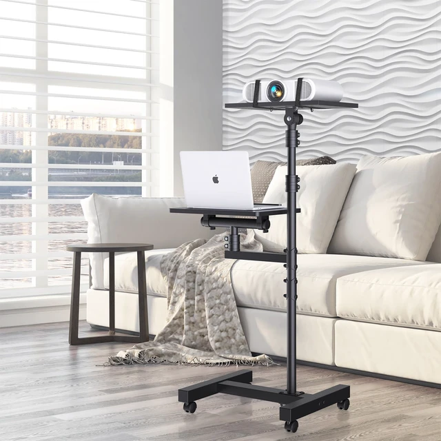 Alt view image 2 of 7 - Projector Stand Tripod: 2 Shelves Mobile Laptop Cart Adjustable Height 45 to 64 Inches, Rolling Laptop Stand Cart with Ventilated Tray, Projector Tripod Stand on Wheels for Couch, Bedside, Meeting