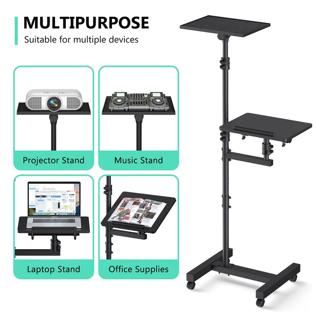 Alt view image 3 of 7 - Projector Stand Tripod: 2 Shelves Mobile Laptop Cart Adjustable Height 45 to 64 Inches, Rolling Laptop Stand Cart with Ventilated Tray, Projector Tripod Stand on Wheels for Couch, Bedside, Meeting