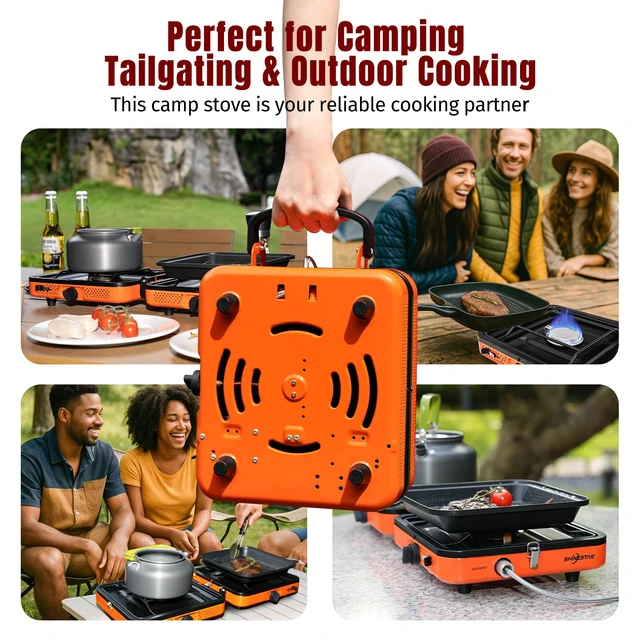 Alt view image 5 of 7 - Burner Camping Stove, 17000 BTU Portable Propane Camp Stove
Foldable Gas Stove with Carrying Bag, Camping Essentials for Outdoor Cooking & Emergencies