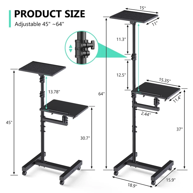 Alt view image 4 of 7 - Projector Stand Tripod: 2 Shelves Mobile Laptop Cart Adjustable Height 45 to 64 Inches, Rolling Laptop Stand Cart with Ventilated Tray, Projector Tripod Stand on Wheels for Couch, Bedside, Meeting