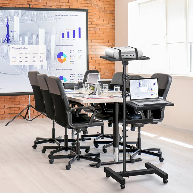 Alt view image 7 of 7 - Projector Stand Tripod: 2 Shelves Mobile Laptop Cart Adjustable Height 45 to 64 Inches, Rolling Laptop Stand Cart with Ventilated Tray, Projector Tripod Stand on Wheels for Couch, Bedside, Meeting