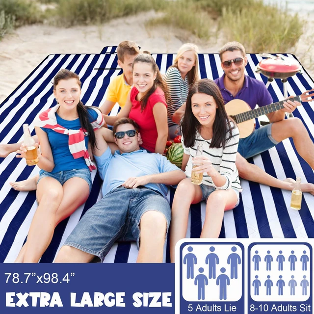 Alt view image 2 of 6 - 80" x 100" Extra Large Picnic Blankets, Navy and White, Stripe