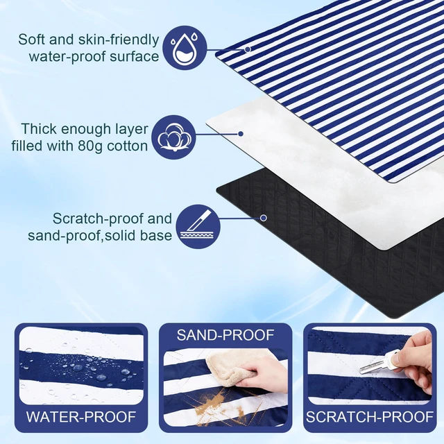 Alt view image 3 of 6 - 80" x 100" Extra Large Picnic Blankets, Navy and White, Stripe