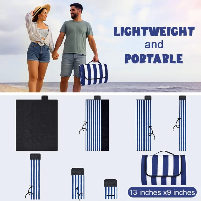 Alt view image 4 of 6 - 80" x 100" Extra Large Picnic Blankets, Navy and White, Stripe