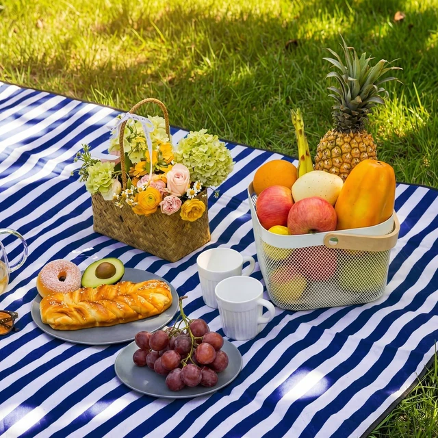 Alt view image 5 of 6 - 80" x 100" Extra Large Picnic Blankets, Navy and White, Stripe