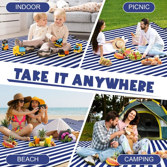 Alt view image 6 of 6 - 80" x 100" Extra Large Picnic Blankets, Navy and White, Stripe