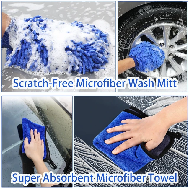 Alt view image 6 of 7 - Wontolf 62'' Car Wash Brush with Long Handle, Scratch-Free Soft Bristles Sturdy Car Wash Mop Kit, Complete Car Cleaning Brush Kit Wash Mitt Towel Windshield Squeegee Wheel Tire Brush for Car Truck RV