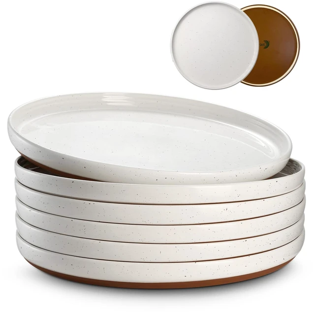 Main image of DOWAN 10.5" Large Dinner Plates Set of 6, High Edge Ceramic Plate - Microwave, Oven & Dishwasher Safe, Durable, Modern Dinnerware - Kitchen Porcelain Dish - Khaki White