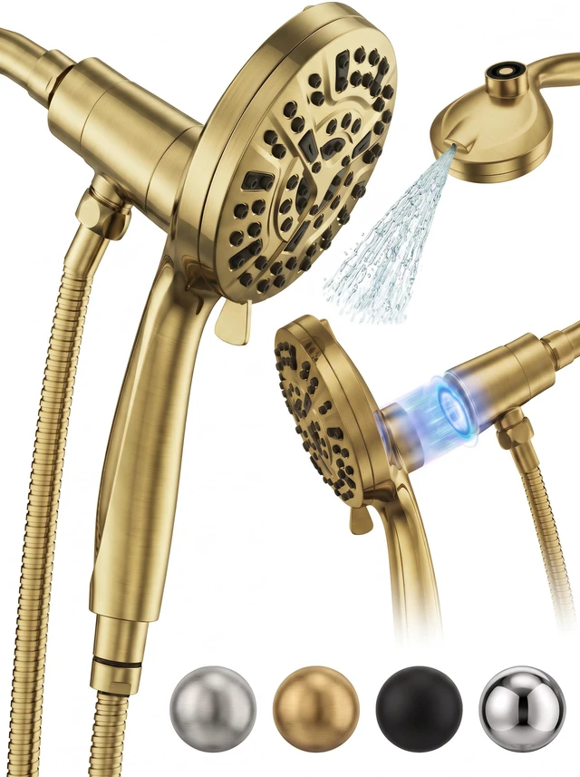 Main image of High Pressure Handheld Shower Head Brushed Gold- Anti-clog Nozzles, Built-in Power Wash to Clean Tub, Wall & Overhead Brackets,Magnetitc Rainfall Showerhead with handheld