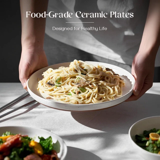 Alt view image 3 of 7 - DOWAN 10.5" Large Dinner Plates Set of 6, High Edge Ceramic Plate - Microwave, Oven & Dishwasher Safe, Durable, Modern Dinnerware - Kitchen Porcelain Dish - Khaki White