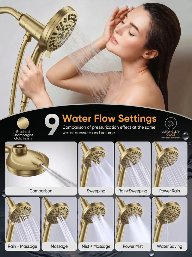 Alt view image 3 of 7 - High Pressure Handheld Shower Head Brushed Gold- Anti-clog Nozzles, Built-in Power Wash to Clean Tub, Wall & Overhead Brackets,Magnetitc Rainfall Showerhead with handheld
