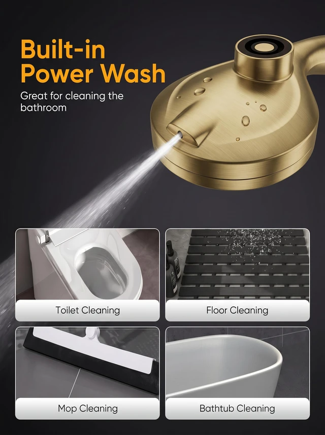 Alt view image 4 of 7 - High Pressure Handheld Shower Head Brushed Gold- Anti-clog Nozzles, Built-in Power Wash to Clean Tub, Wall & Overhead Brackets,Magnetitc Rainfall Showerhead with handheld