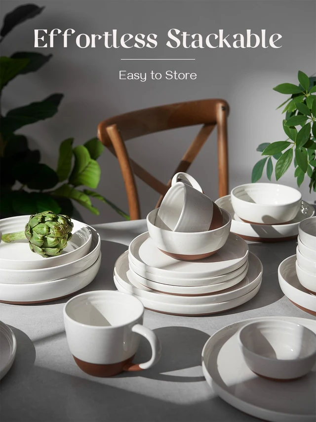 Alt view image 5 of 7 - DOWAN 10.5" Large Dinner Plates Set of 6, High Edge Ceramic Plate - Microwave, Oven & Dishwasher Safe, Durable, Modern Dinnerware - Kitchen Porcelain Dish - Khaki White