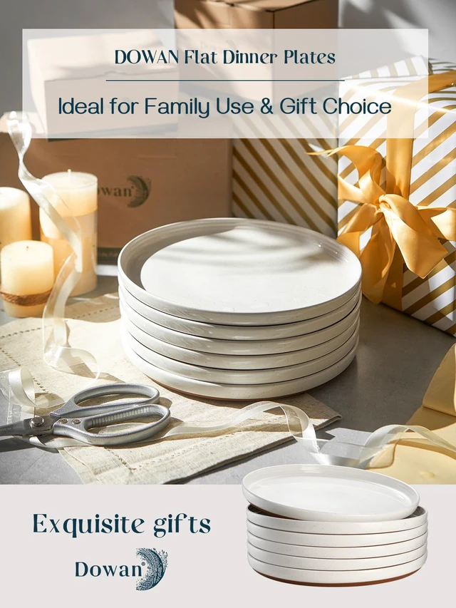 Alt view image 6 of 7 - DOWAN 10.5" Large Dinner Plates Set of 6, High Edge Ceramic Plate - Microwave, Oven & Dishwasher Safe, Durable, Modern Dinnerware - Kitchen Porcelain Dish - Khaki White