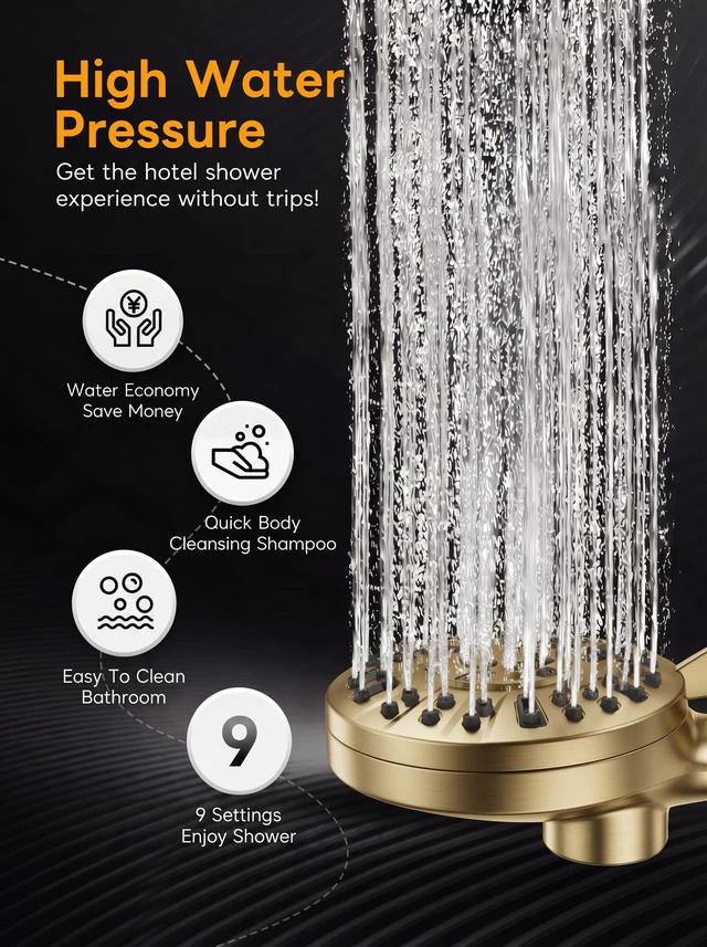 Alt view image 5 of 7 - High Pressure Handheld Shower Head Brushed Gold- Anti-clog Nozzles, Built-in Power Wash to Clean Tub, Wall & Overhead Brackets,Magnetitc Rainfall Showerhead with handheld