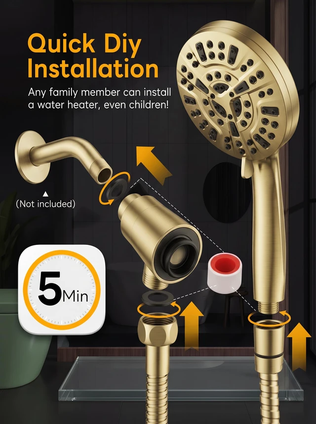 Alt view image 6 of 7 - High Pressure Handheld Shower Head Brushed Gold- Anti-clog Nozzles, Built-in Power Wash to Clean Tub, Wall & Overhead Brackets,Magnetitc Rainfall Showerhead with handheld