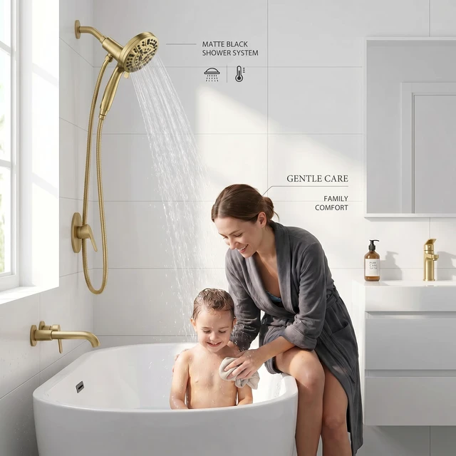 Alt view image 7 of 7 - High Pressure Handheld Shower Head Brushed Gold- Anti-clog Nozzles, Built-in Power Wash to Clean Tub, Wall & Overhead Brackets,Magnetitc Rainfall Showerhead with handheld