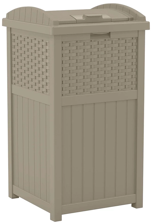 Main image of Suncast Resin Wicker Hideaway Outdoor Trash Can with Latching Lid, Dark Taupe