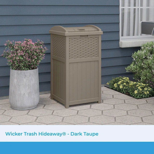 Alt view image 2 of 7 - Suncast Resin Wicker Hideaway Outdoor Trash Can with Latching Lid, Dark Taupe