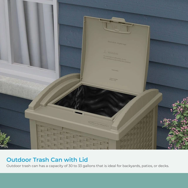Alt view image 3 of 7 - Suncast Resin Wicker Hideaway Outdoor Trash Can with Latching Lid, Dark Taupe