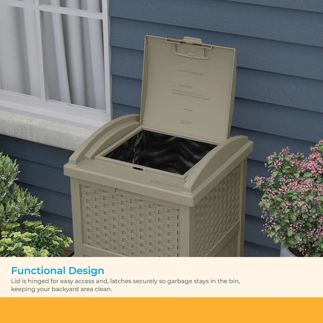 Alt view image 4 of 7 - Suncast Resin Wicker Hideaway Outdoor Trash Can with Latching Lid, Dark Taupe