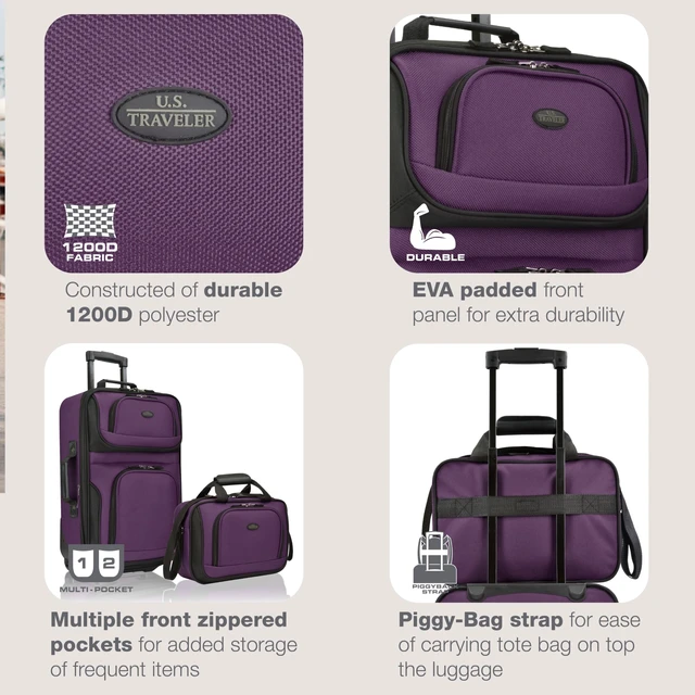 Alt view image 3 of 7 - U.S. Traveler Rio Lightweight Softside Rolling Carry-on Suitcase, 2-Wheel Set, Purple