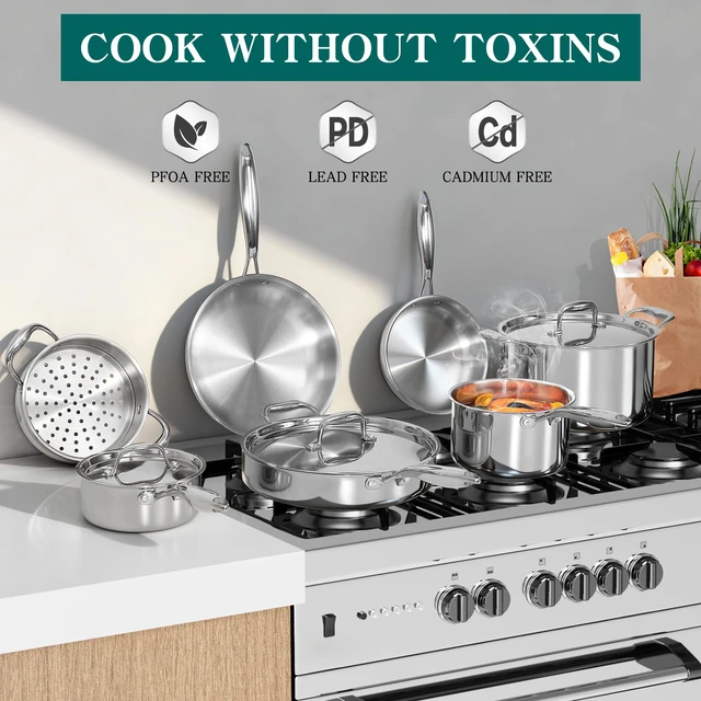 Alt view image 3 of 7 - EWFEN Pots and Pans Set, 3 Ply 11 Piece Stainless Steel Cookware Set, Oven Dishwasher Safe | Induction Compatible Frying Pans, Saucepans, Saute Pan & Stock Pot, PFOA Free Kitchen Skillet