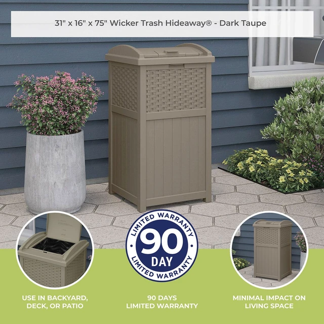 Alt view image 5 of 7 - Suncast Resin Wicker Hideaway Outdoor Trash Can with Latching Lid, Dark Taupe