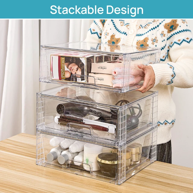 Alt view image 3 of 7 - 2 Pack Large Clear Stackable Storage Drawers for Closet, Pantry
Easily Assemble Bathroom Undersink Organizers,Plastic Storage Bins for Cabinet,Kitchen Pantry Organization
