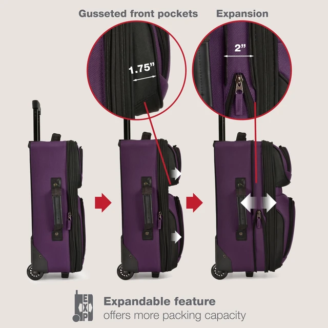 Alt view image 5 of 7 - U.S. Traveler Rio Lightweight Softside Rolling Carry-on Suitcase, 2-Wheel Set, Purple