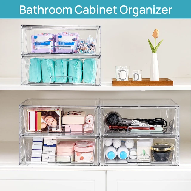 Alt view image 6 of 7 - 2 Pack Large Clear Stackable Storage Drawers for Closet, Pantry
Easily Assemble Bathroom Undersink Organizers,Plastic Storage Bins for Cabinet,Kitchen Pantry Organization