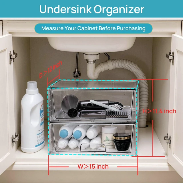 Alt view image 7 of 7 - 2 Pack Large Clear Stackable Storage Drawers for Closet, Pantry
Easily Assemble Bathroom Undersink Organizers,Plastic Storage Bins for Cabinet,Kitchen Pantry Organization