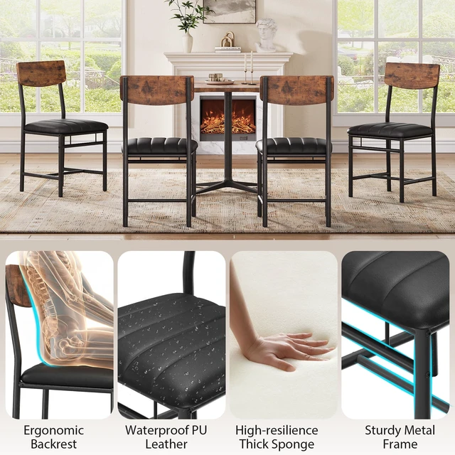 Alt view image 2 of 7 - Industrial Dining Chairs Set of 4 - Upholstered Dining Room Chairs with PU Leather, Kitchen Chairs with Wooden Backrest and Thickened Metal Legs, for Dining Room, Living Room(Rustic Brown)
