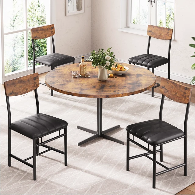 Alt view image 3 of 7 - Industrial Dining Chairs Set of 4 - Upholstered Dining Room Chairs with PU Leather, Kitchen Chairs with Wooden Backrest and Thickened Metal Legs, for Dining Room, Living Room(Rustic Brown)