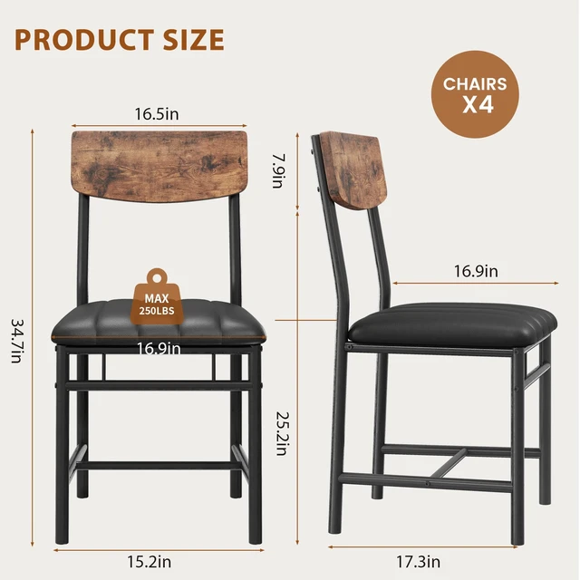 Alt view image 4 of 7 - Industrial Dining Chairs Set of 4 - Upholstered Dining Room Chairs with PU Leather, Kitchen Chairs with Wooden Backrest and Thickened Metal Legs, for Dining Room, Living Room(Rustic Brown)