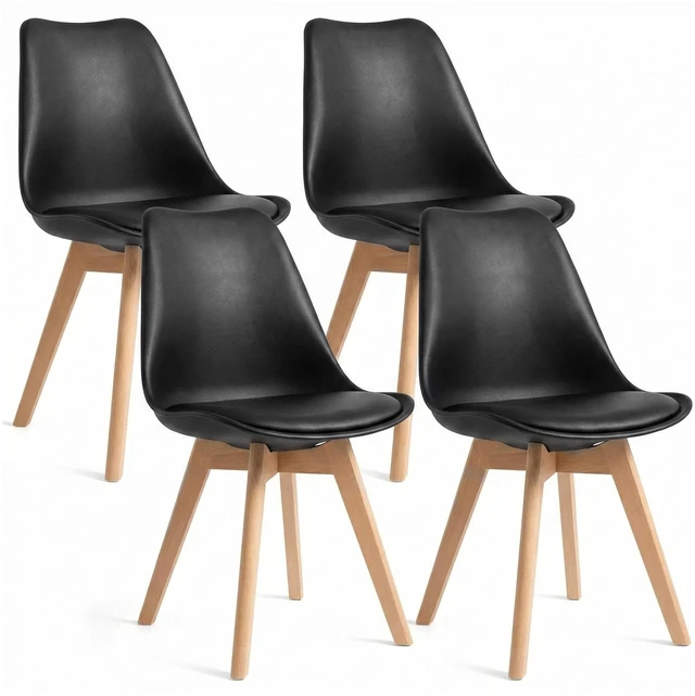 Main image of Dining Chairs Set of 4, Modern Upholstered Dining Room Chairs with PU Leather Padded Seat, Armless Kitchen Chairs with Curved Backrest and Solid Wood Legs for Dining Room, Kitchen, Apartment, Black