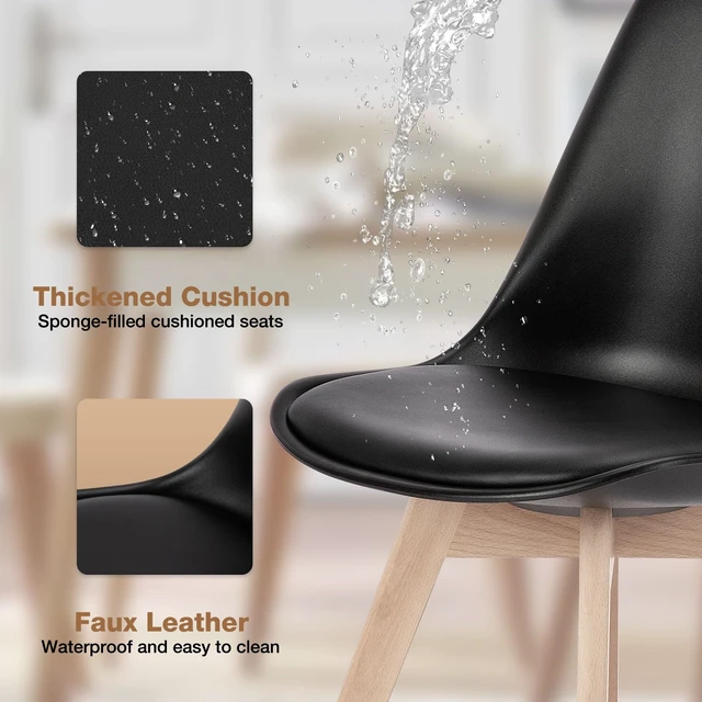 Alt view image 3 of 7 - Modern Dining Chairs Set of 4, Plastic Kitchen Chairs with Wood Legs
Lightweight Side Chair, Wood Legs, Backrest, Pu Leather, Armless, Living Room, Bedroom, Apartment, Black