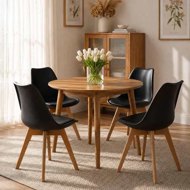 Alt view image 2 of 6 - Dining Chairs Set of 4, Modern Upholstered Dining Room Chairs with PU Leather Padded Seat, Armless Kitchen Chairs with Curved Backrest and Solid Wood Legs for Dining Room, Kitchen, Apartment, Black