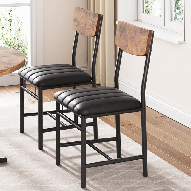 Alt view image 5 of 7 - Industrial Dining Chairs Set of 4 - Upholstered Dining Room Chairs with PU Leather, Kitchen Chairs with Wooden Backrest and Thickened Metal Legs, for Dining Room, Living Room(Rustic Brown)