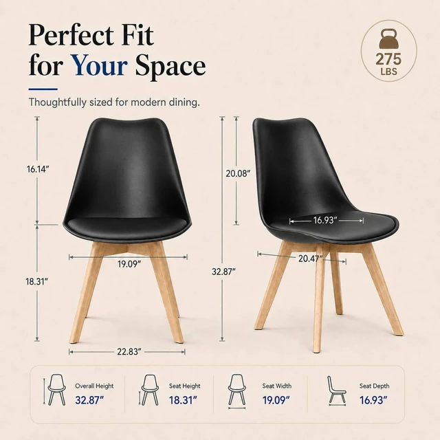 Alt view image 3 of 6 - Dining Chairs Set of 4, Modern Upholstered Dining Room Chairs with PU Leather Padded Seat, Armless Kitchen Chairs with Curved Backrest and Solid Wood Legs for Dining Room, Kitchen, Apartment, Black