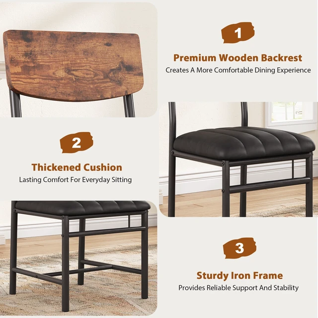 Alt view image 6 of 7 - Industrial Dining Chairs Set of 4 - Upholstered Dining Room Chairs with PU Leather, Kitchen Chairs with Wooden Backrest and Thickened Metal Legs, for Dining Room, Living Room(Rustic Brown)