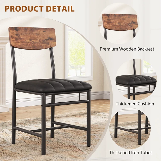 Alt view image 7 of 7 - Industrial Dining Chairs Set of 4 - Upholstered Dining Room Chairs with PU Leather, Kitchen Chairs with Wooden Backrest and Thickened Metal Legs, for Dining Room, Living Room(Rustic Brown)