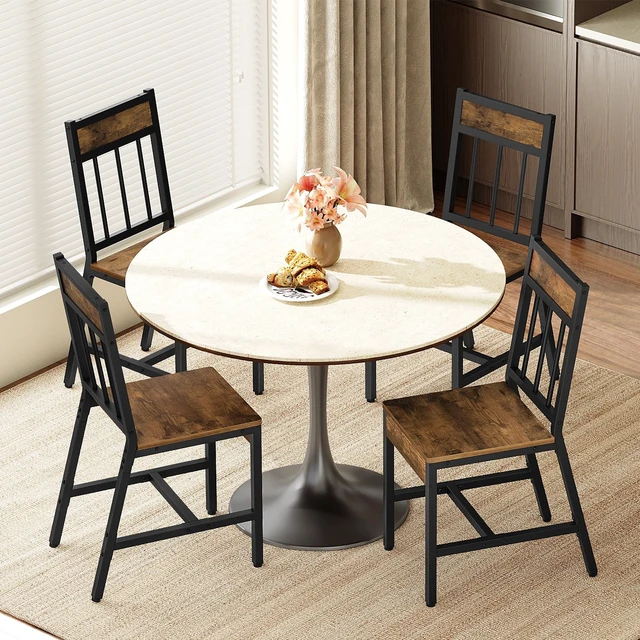 Alt view image 2 of 7 - Dining Chairs Set of 4, Industrial Kitchen Chairs with Metal Frame, Slanted Back, Wooden Dining Chair Set, for Kitchen, Living Room, Rustic Brown and Black CY03L4BR